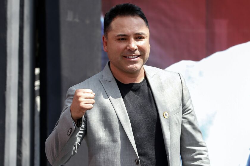 FILE- In this March 1, 2019, file photo, retired Mexican boxer and Golden Boy Promotions, Inc. founder Oscar De La Hoya.