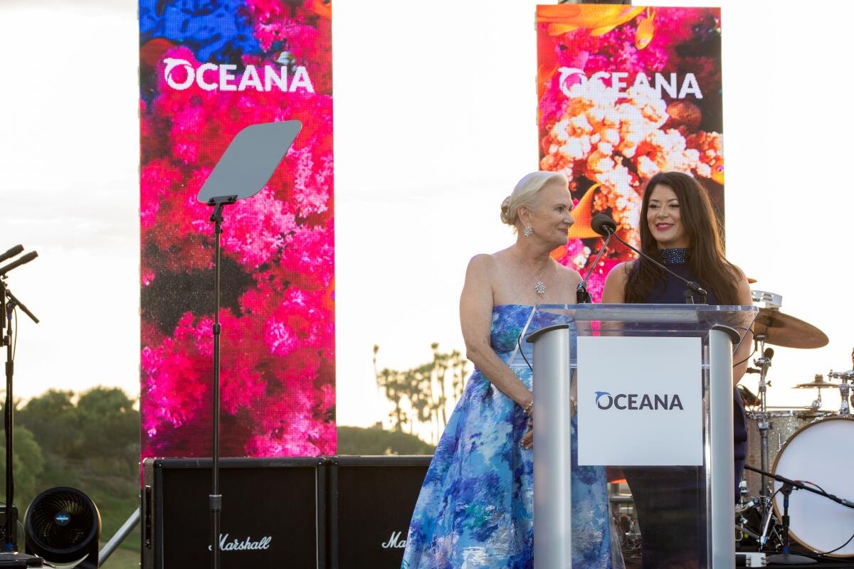 SeaChange Summer Party co-chairs Elizabeth Wahler and Karen Cahill at a podium.