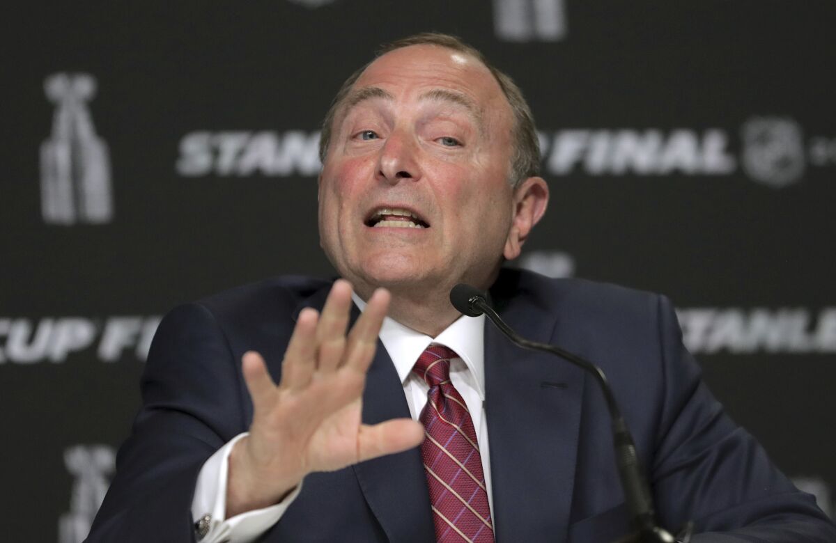 NHL Commissioner Gary Bettman speaks to reporters on May 27, 2019, in Boston.