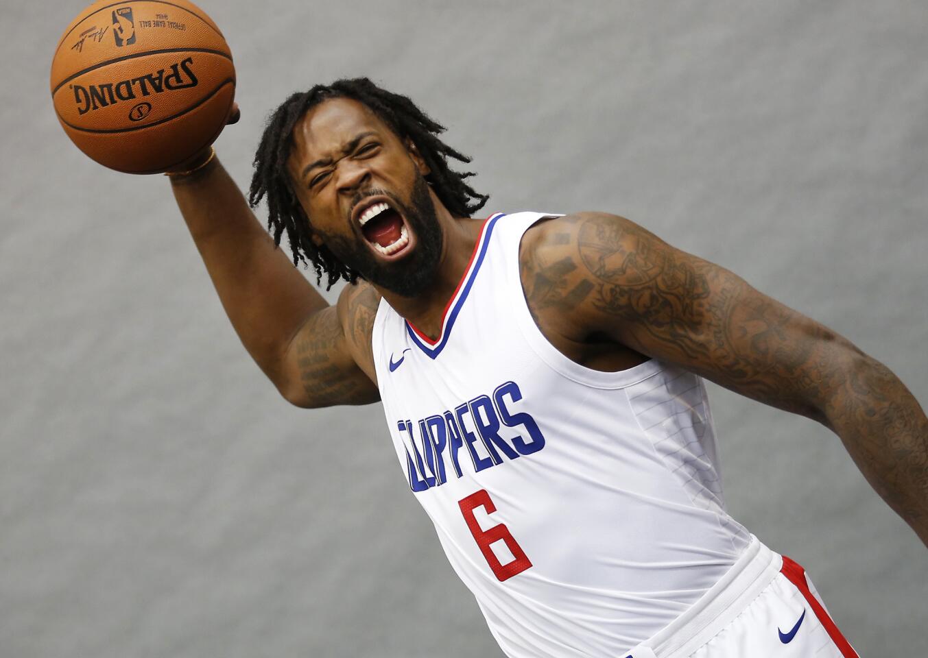 Clippers centers DeAndre Jordan screams during Clippers media day at the team's training center in Playa Vista on Sept. 25.