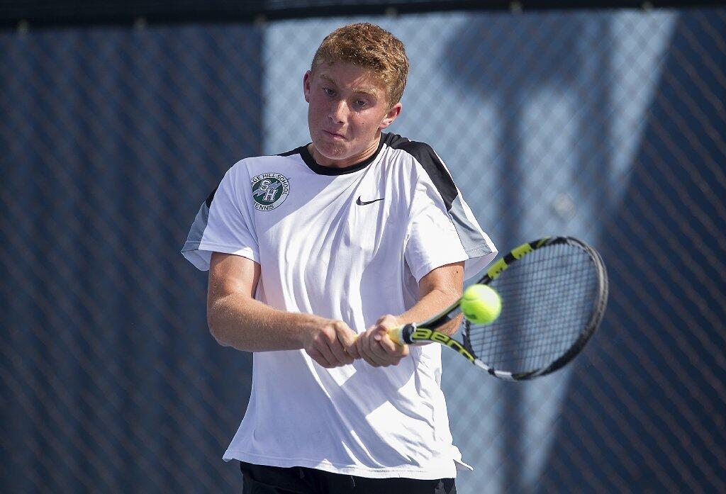 Sage Hill School's Steven Ferry returns a backhand against Corona del Mar.