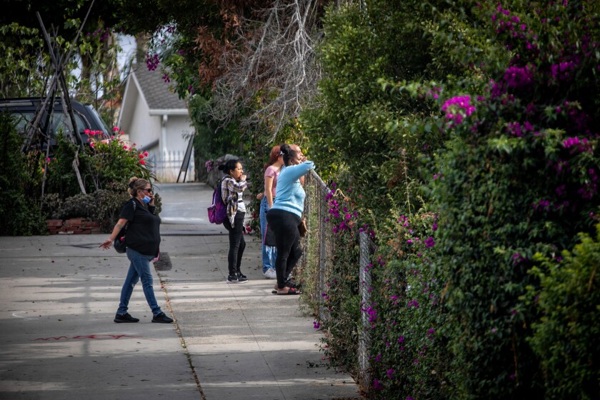 People lean over a fence, watching an accident scene.