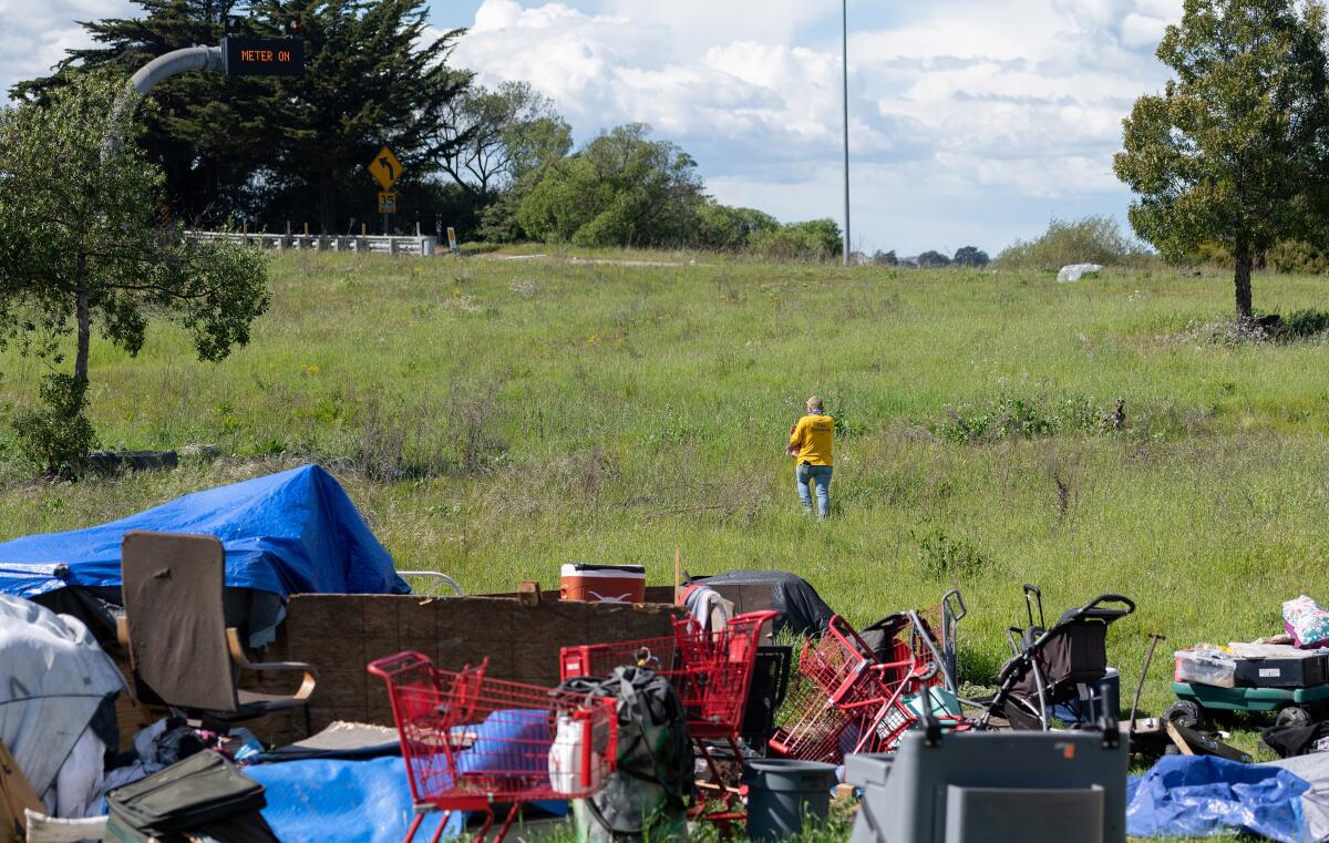 Homeless encampment along a freeway in Emeryville