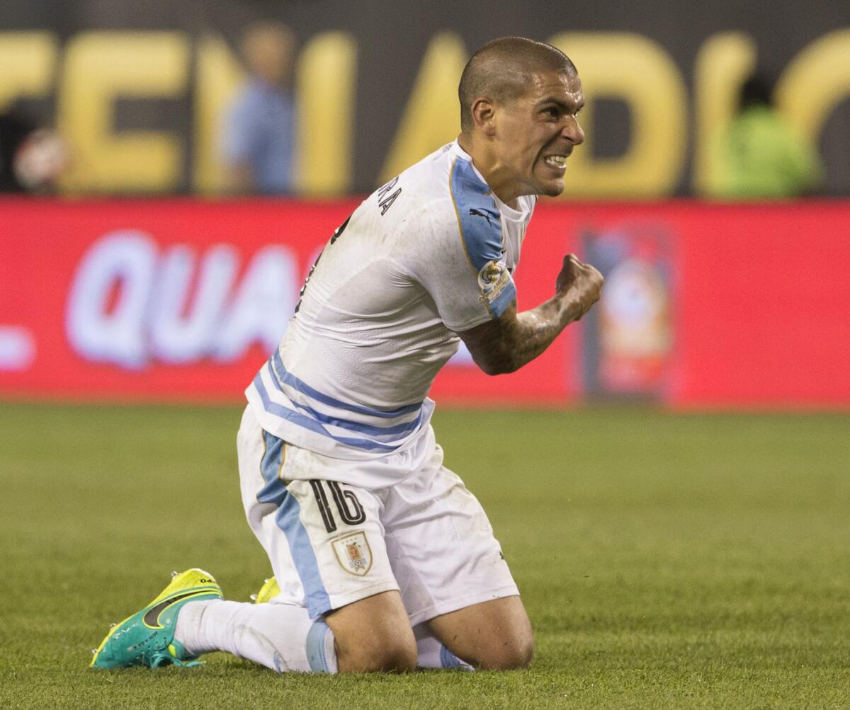 Uruguay's Maximiliano Pereira reacts after his shot went wide against Venezuela during a Copa America Centenario match in Philadelphia on June 9.