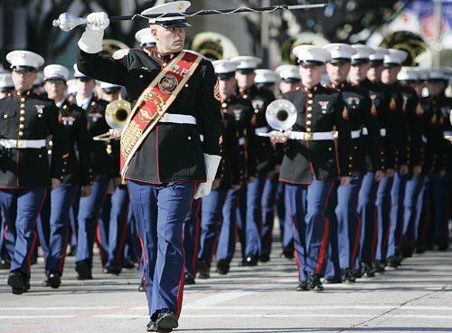 The U.S. Marine Corps West Coast Composite Band marches with precision.