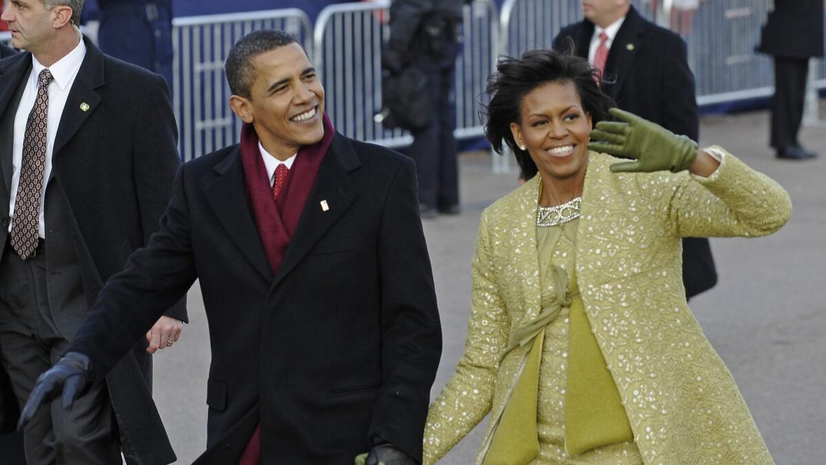 A decade after President Obama and First Lady Michelle Obama first walked the Inaugural Parade route, Democratic candidates are vying to see who can lay claim to the coalition that put him in office and the optimism he generated among many voters.