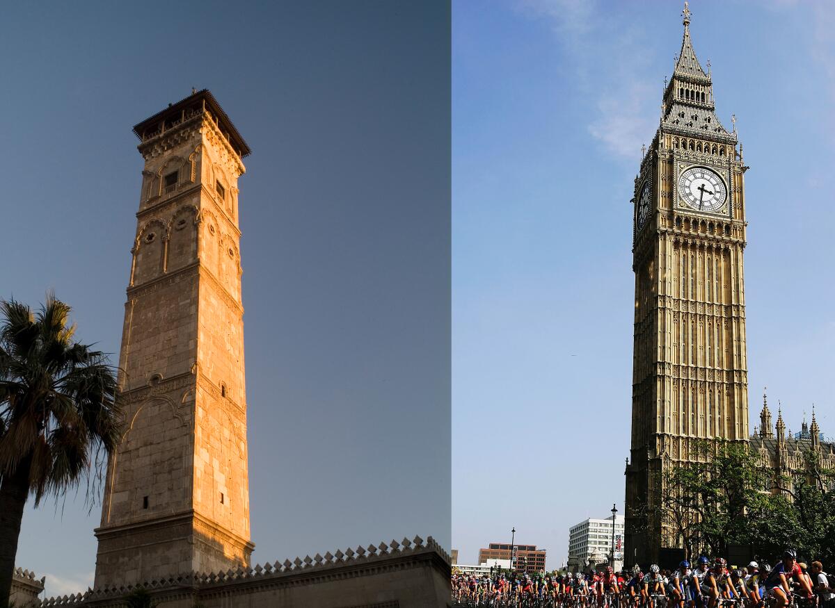 An image pairing shows the minaret of the Great Mosque in Aleppo and Big Ben, which have similar decoration