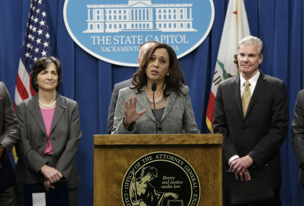 Kamala Harris speaking at a news conference in the Capitol in Sacramento.