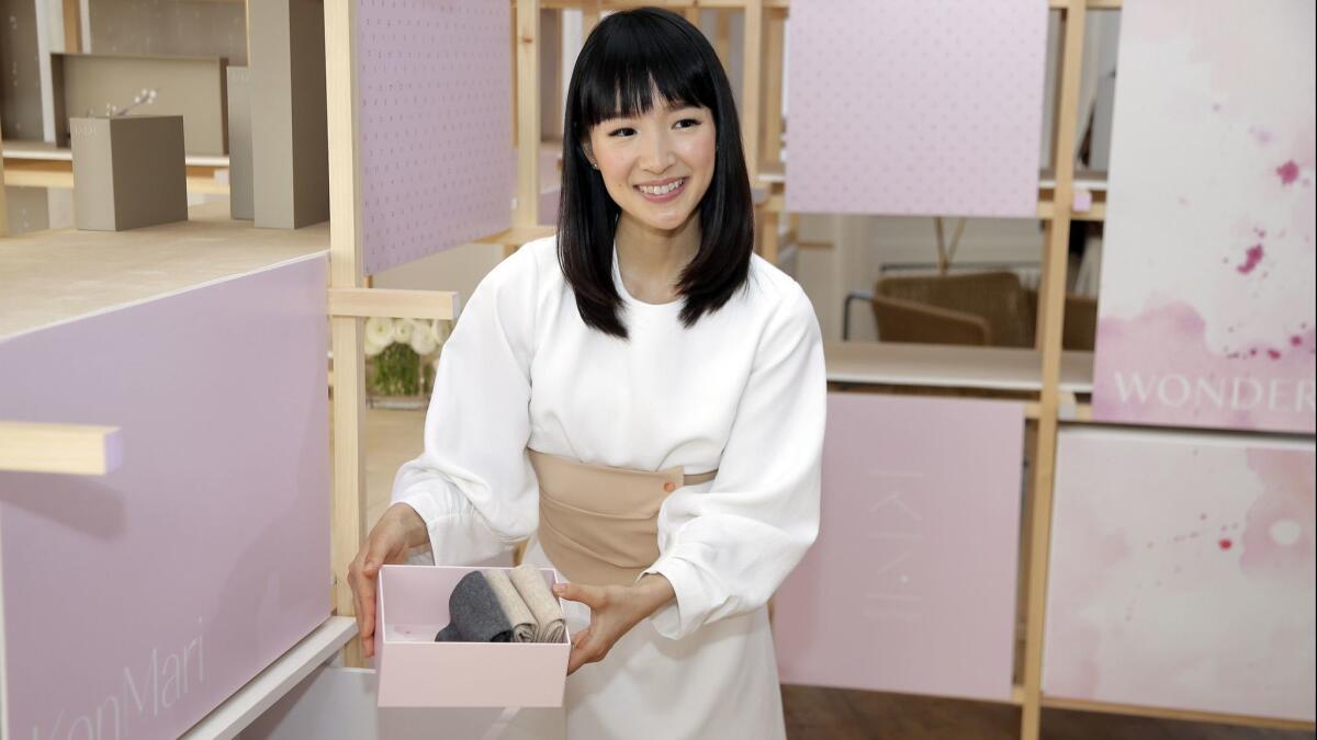 Marie Kondo introduces a line of storage boxes during a media event in New York on July 11, 2018.