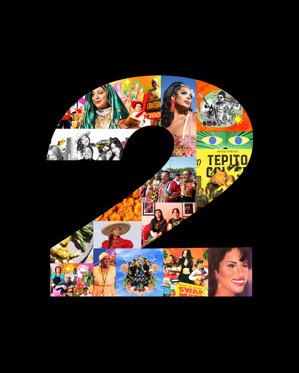 Collage of De Los 2 years, including illustrations by Diana Ramirez and Natalia Agatte