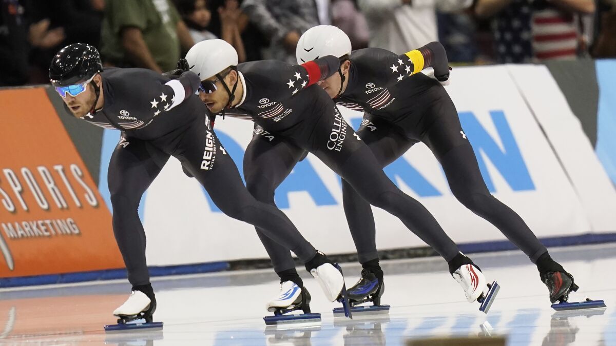 Team United States competes during the men's team pursuit at the World Cup speedskating race at the Utah Olympic Oval, Sunday, Dec. 5, 2021, in Kearns, Utah. (AP Photo/Rick Bowmer)