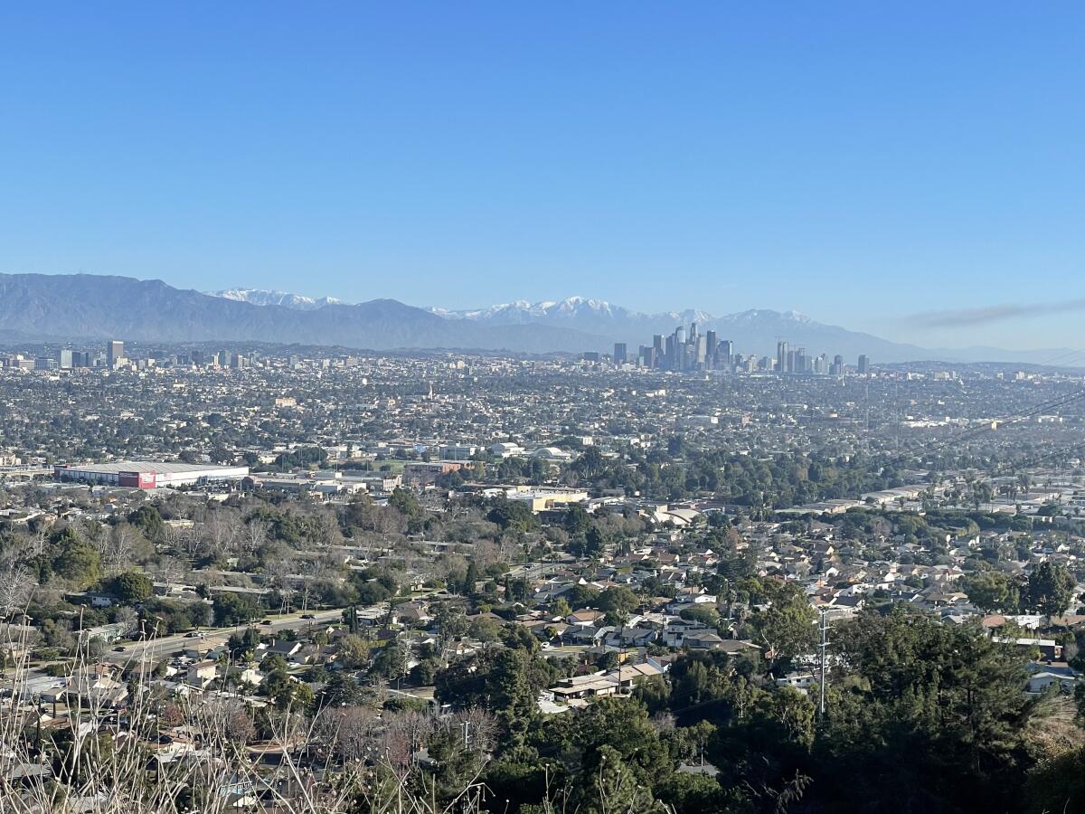 A photo of the view looking inland, in winter, from the Inspiration Point in Kenneth Hahn State Recreation Area.