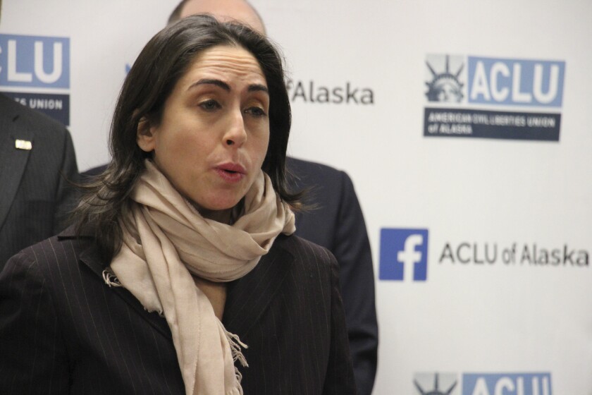 FILE - Former Alaska Assistant Attorney General Elizabeth Bakalar speaks a news conference on Jan. 10, 2019, in Anchorage, Alaska, after she sued the state. A federal judge on Thursday, Jan. 20, 2022, ruled that Bakalar was wrongfully terminated by the then-new administration of Alaska Gov. Mike Dunleavy for violating her freedom of speech rights. (AP File Photo/Mark Thiessen, File)