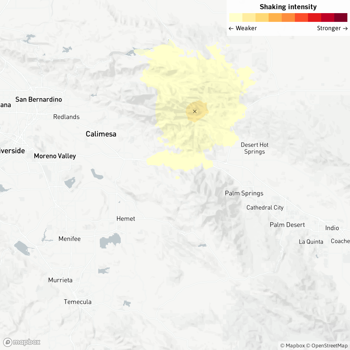 A map of an earthquake reported 11:19 p.m. Monday near Desert Hot Springs, according to the U.S. Geological Survey.