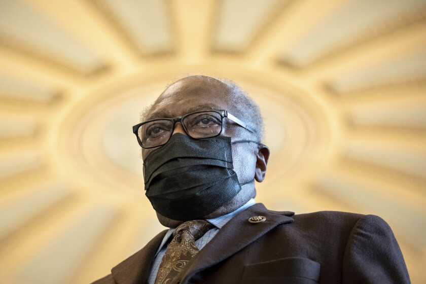 Majority Whip Jim Clyburn, D-S.C., alongside other members of the Congressional Black Caucus, stands in front of the Senate chambers to voice his support of voting rights legislation at the Capitol in Washington, Wednesday, Jan. 19, 2022. (AP Photo/Amanda Andrade-Rhoades)