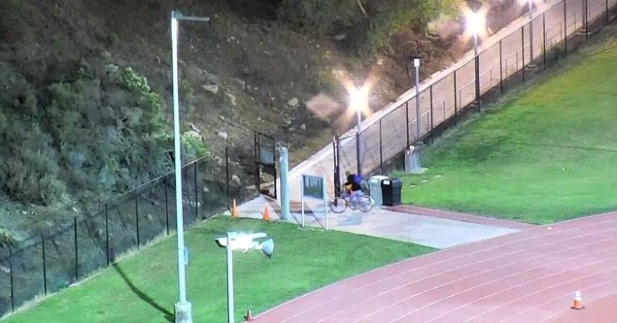 California State University San Marcos Police Department officials released this surveillance photograph of the man suspected of exposing himself and masturbating in front of two females Monday evening on the university's track.