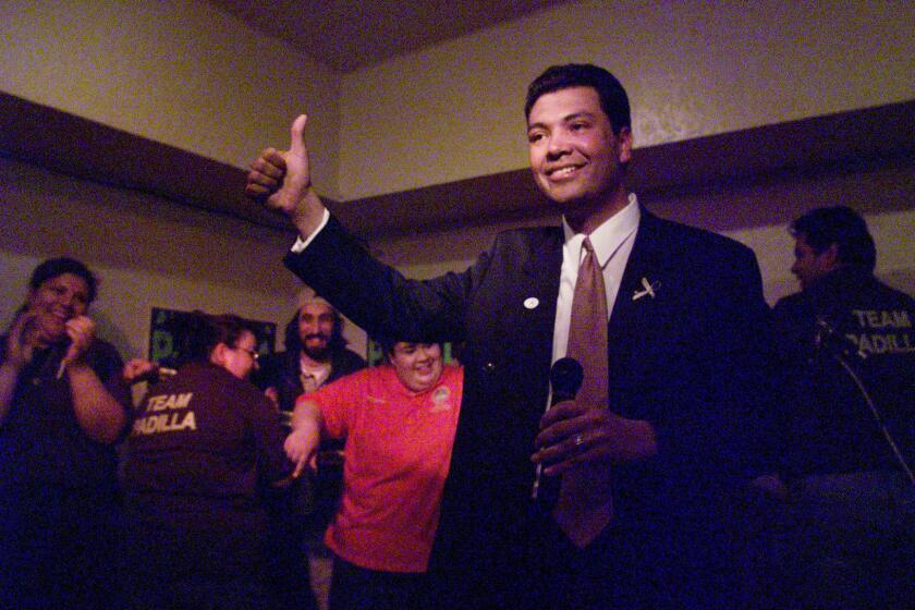 April 1999 photo og Los Angeles City Council candidate Alex Padilla addressing his supporters in Sylmar.