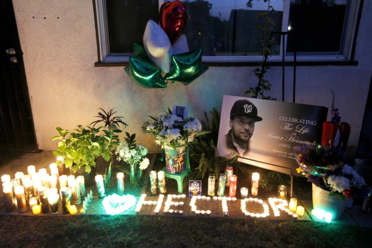 A memorial for Hector Hernandez was placed in front of his former home on the one-year anniversary of his death.