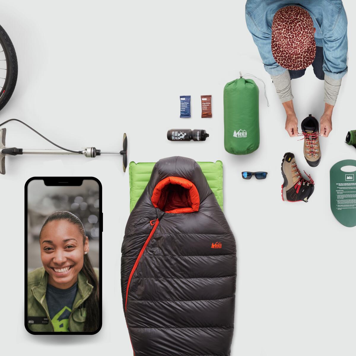 Illustrated photos with camping gear and photo of an iPhone with virtual outfitter on screen