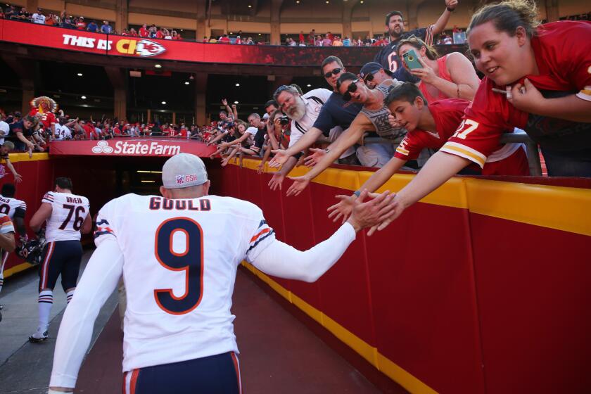 Robbie Gould is congratulated by fans after an 18-17 win over the Chiefs.