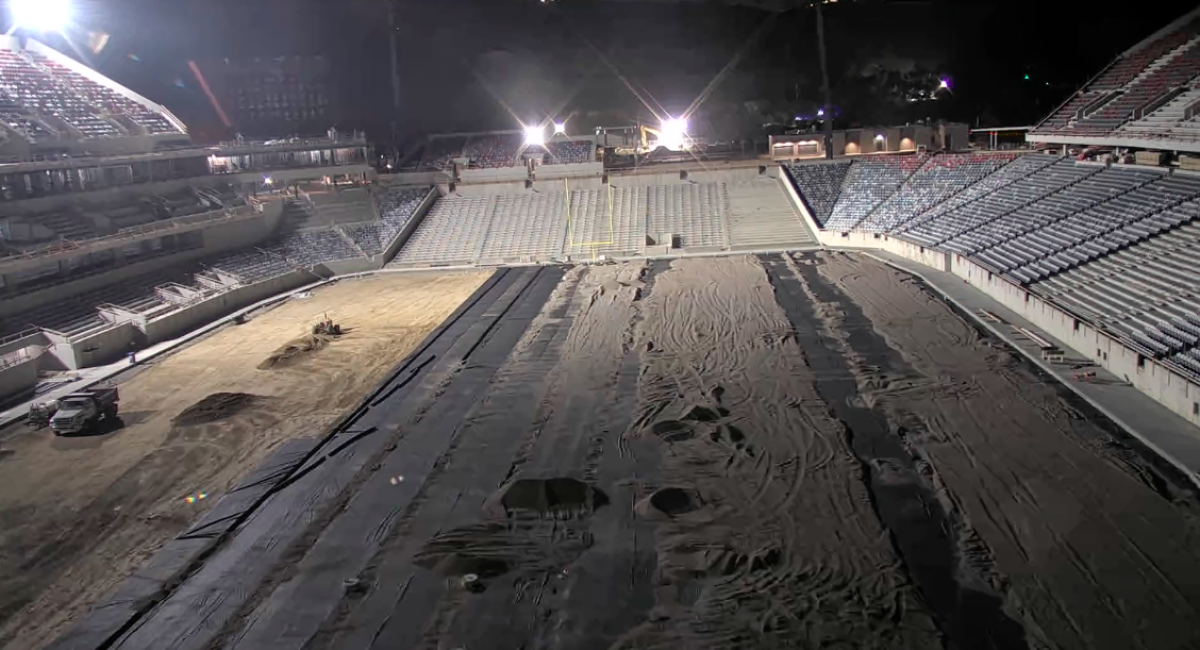 View from SDSU's Construction Cam gives glimpse inside Snapdragon Stadium, where a goal post appeared in north end zone.