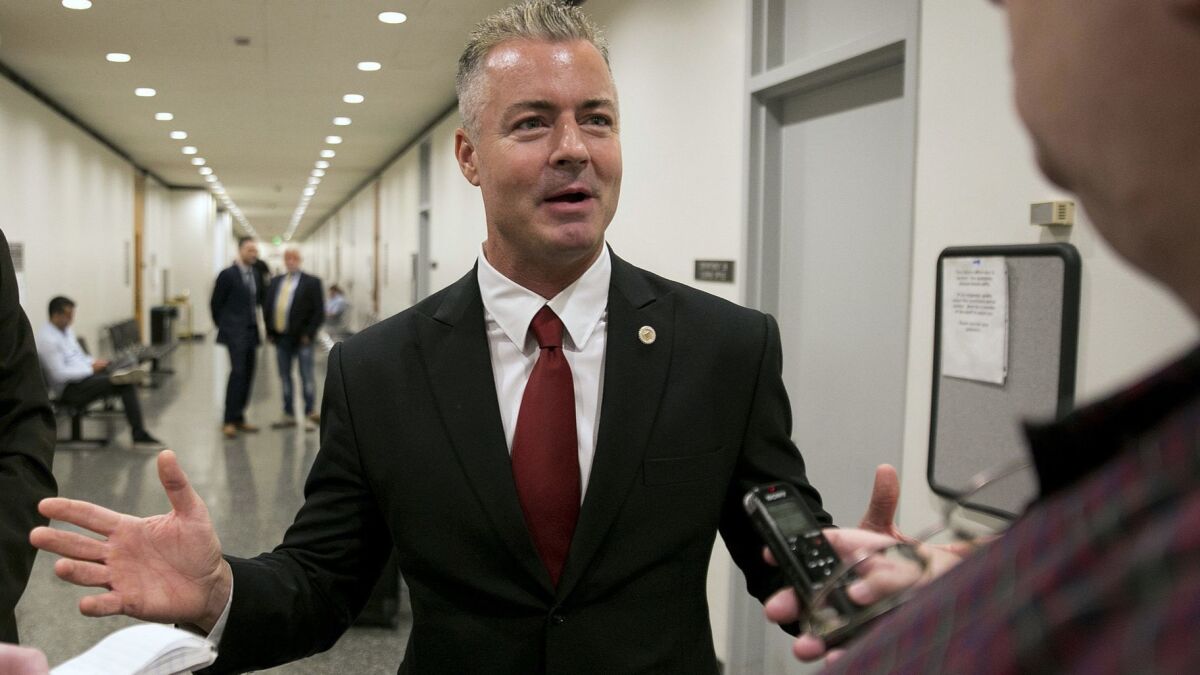 Assemblyman Travis Allen (R-Huntington Beach), a candidate for governor, speaks to reporters in Sacramento on Sept. 22, 2017.