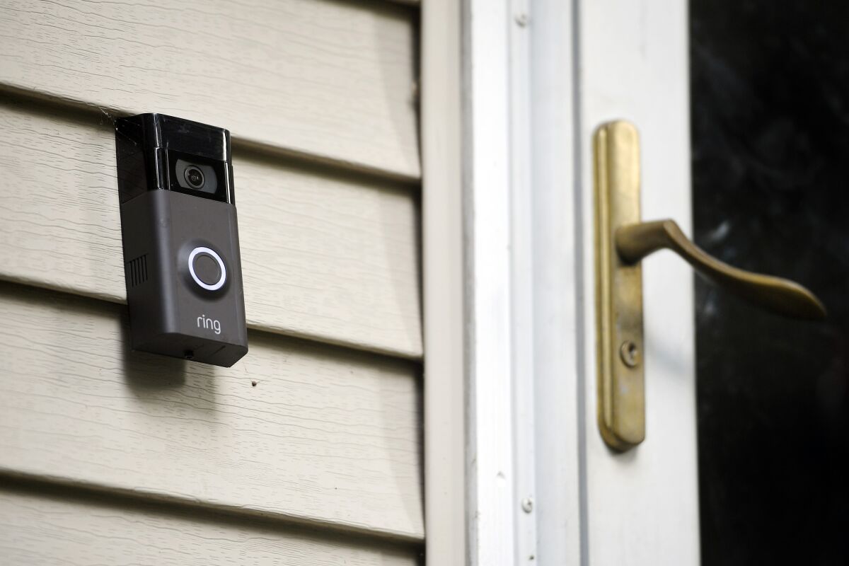 A Ring doorbell camera outside a home in Connecticut in a July 16, 2019 file photo.