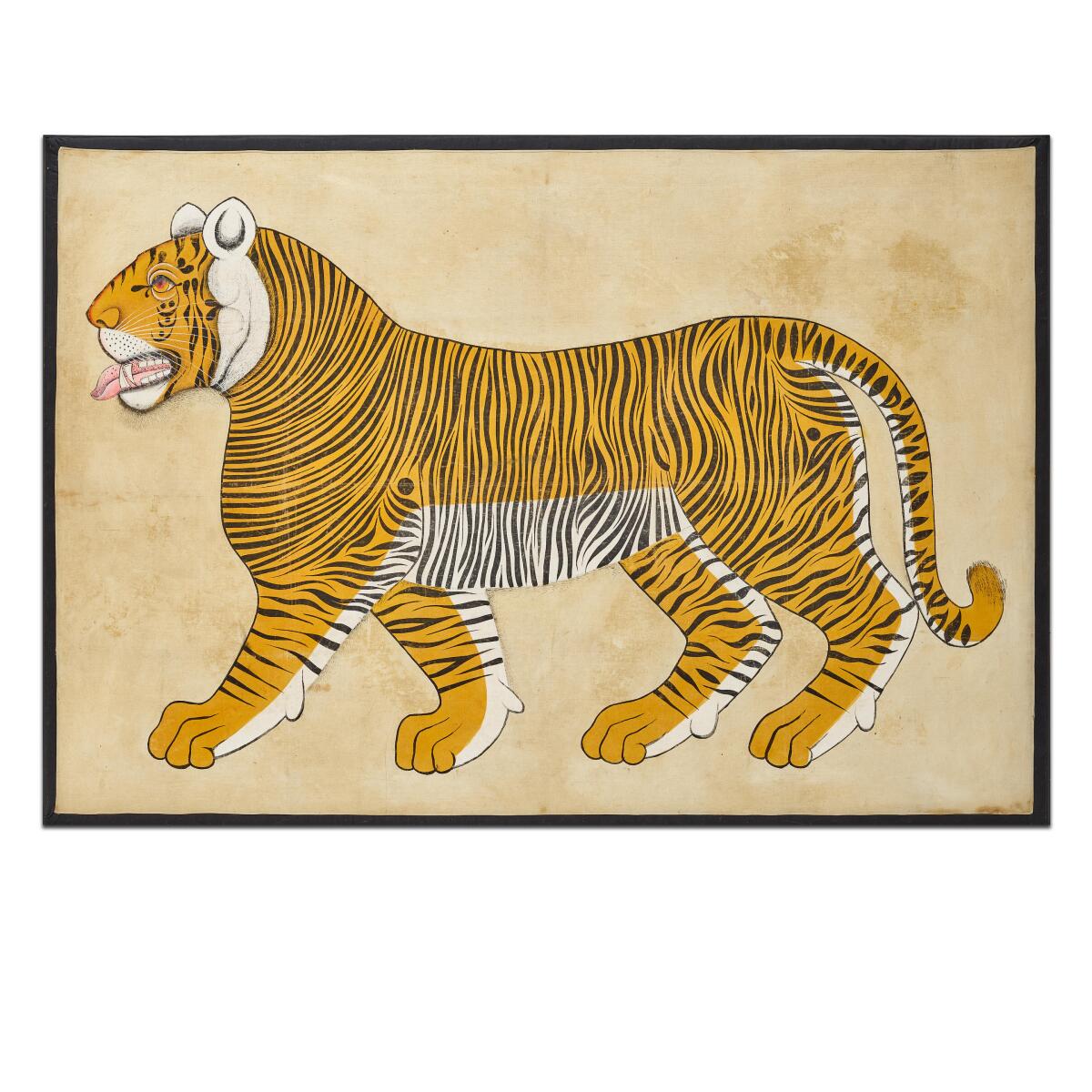 A painting of a tiger shown in profile.