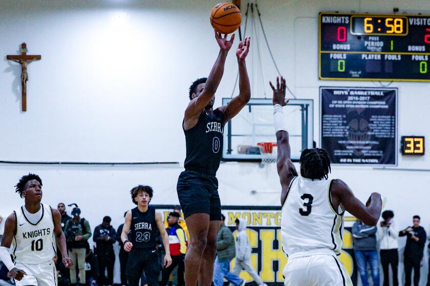 Bronny James of Sierra Canyon goes up for jump shot early on against Bishop Montgomery on Saturday night.