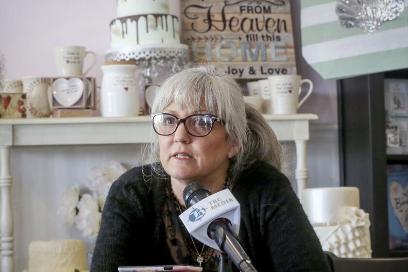 Cathy Miller talks during an interview with The Californian in 2018, in Bakersfield, Calif. A California judge has ruled in favor of Miller a bakery owner who refused to make wedding cakes for a same-sex couple because it violated her Christian beliefs. (Henry A. Barrios/The Bakersfield Californian via AP)