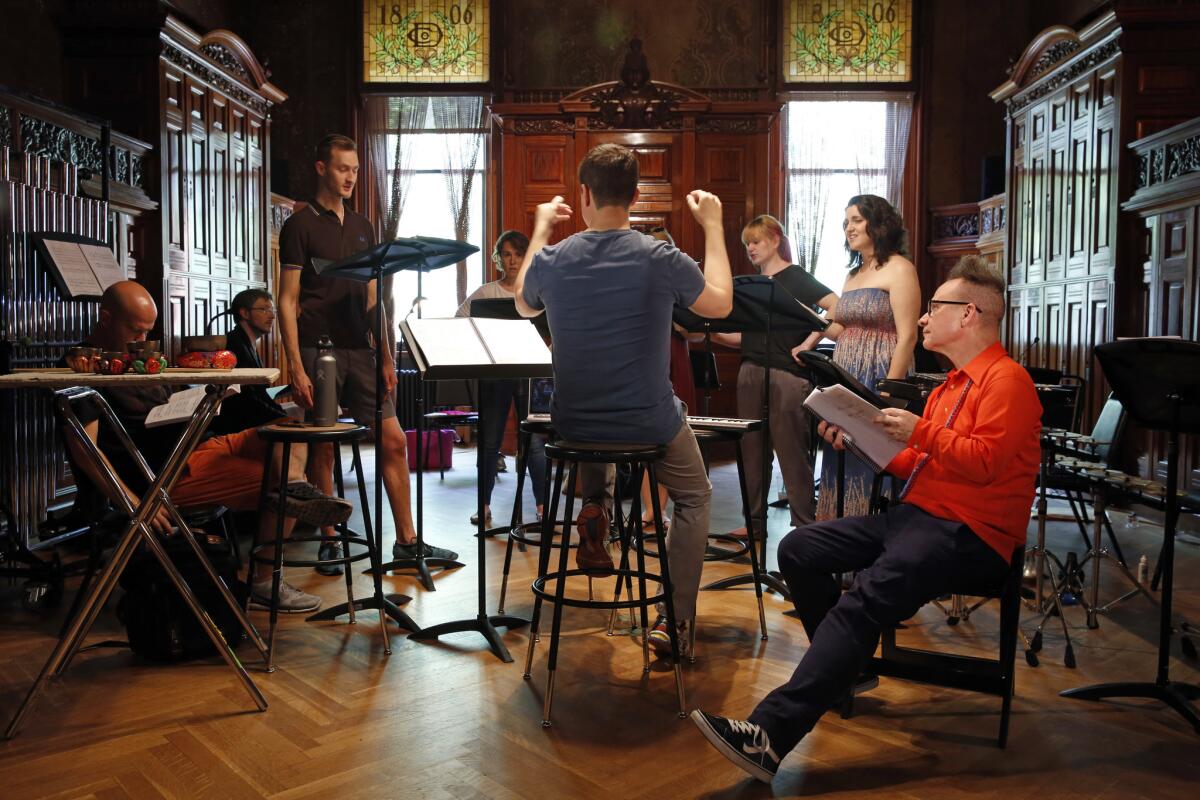 Peter Sellars, far right, in rehearsal in New York for the Ojai festival. (Carolyn Cole / Los Angeles Times)