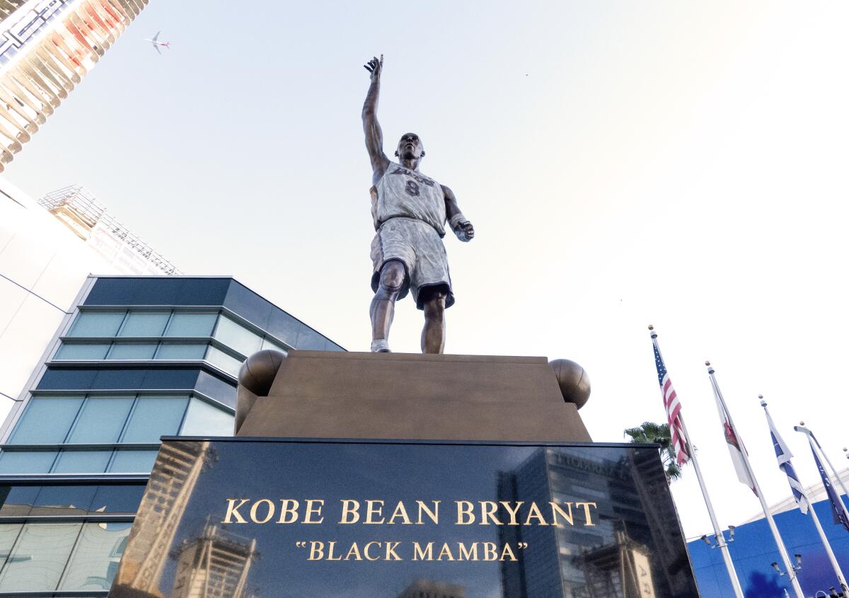 LOS ANGELES, CA- MARCH 11: Misspellings have been pointed out on Kobe Bryant's statue at Crypto.com Arena. The mistakes are Jose Calderon as Jose "Calderson;" Von Wafer as "Vom" Wafer and Coach's Decision as Coach's "Decicion." Photographed in Los Angeles, CA on Monday, March 11, 2024. (Myung J. Chun / Los Angeles Times)