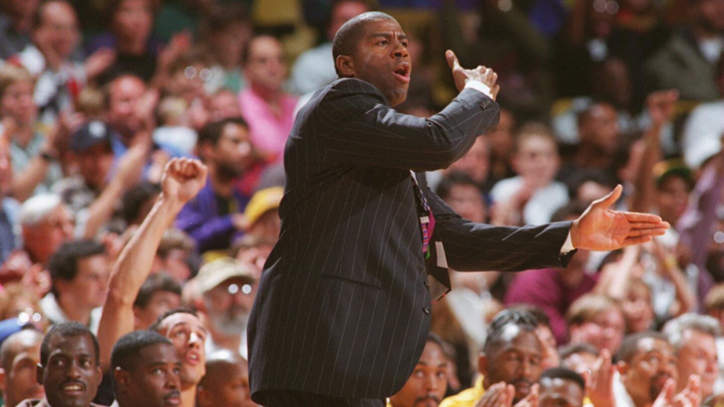 Magic Johnson makes his Lakers coaching debut agains the Milwaukee Bucks at the Forum on March 27, 1994.