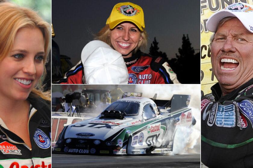 Brittany Force, left, sister Courtney Force, top, and father John Force each have played prominent roles in promoting the sport of drag racing.