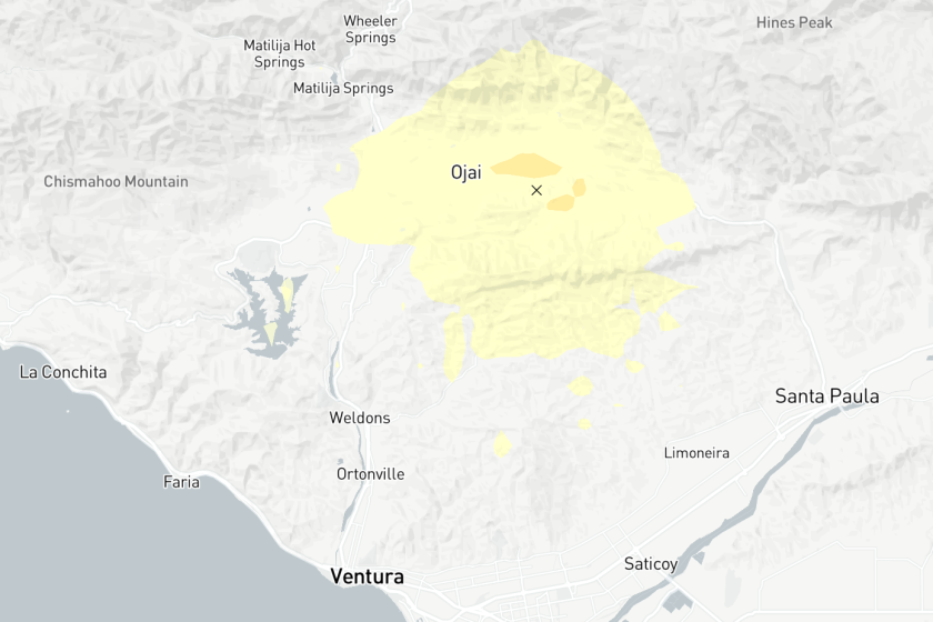 A map shows the shaking intensity of a 5.1 earthquake near Ojai