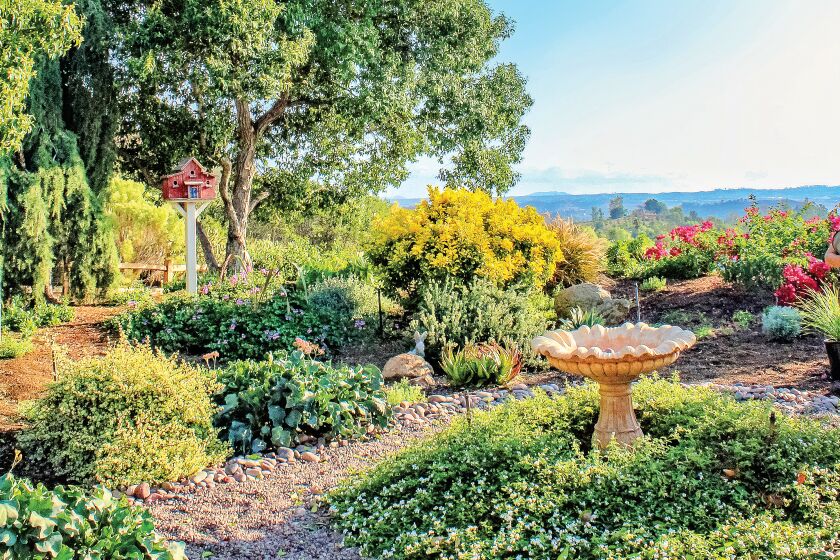 A private hilltop property has sweeping views and meandering pathways. 
