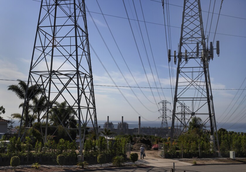 Power lines that carry electricity from the gas-fired beachfront power plant in Redondo Beach