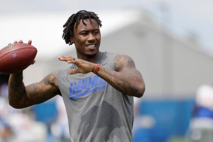 New York Giants wide receiver Brandon Marshall works out during NFL football training camp, Tuesday, Aug. 8, 2017, in East Rutherford, N.J. (AP Photo/Julio Cortez)
