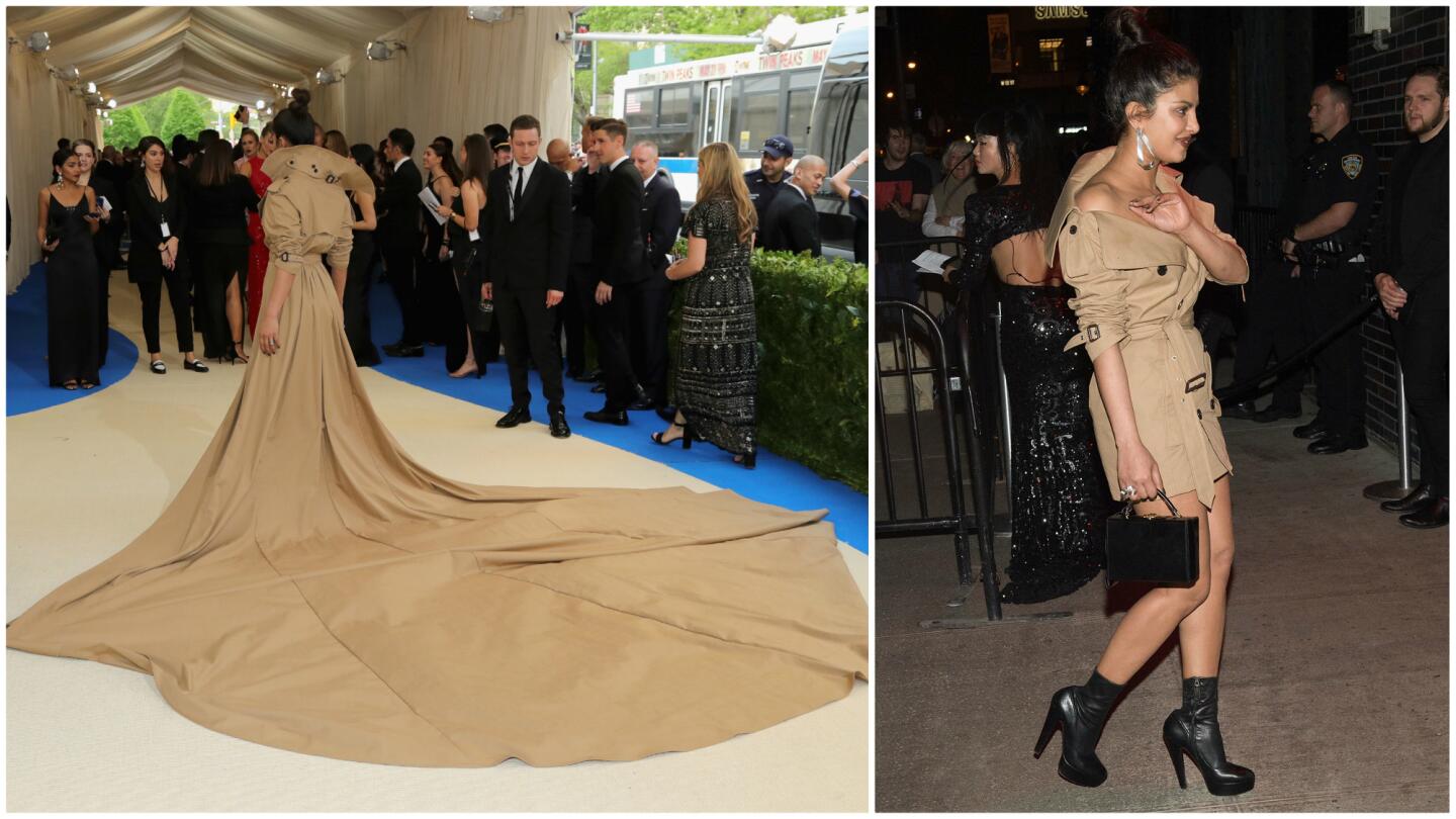Priyanka Chopra's Ralph Lauren Collection trench-inspired gown from the 2017 Met Gala (seen from the back at left) had a hidden feature -- a removable skirt -- that could be taken off to turn the outfit into a trench-inspired mini dress. At right she appears at the Marc Jacobs after party in an edited version of the ensemble.