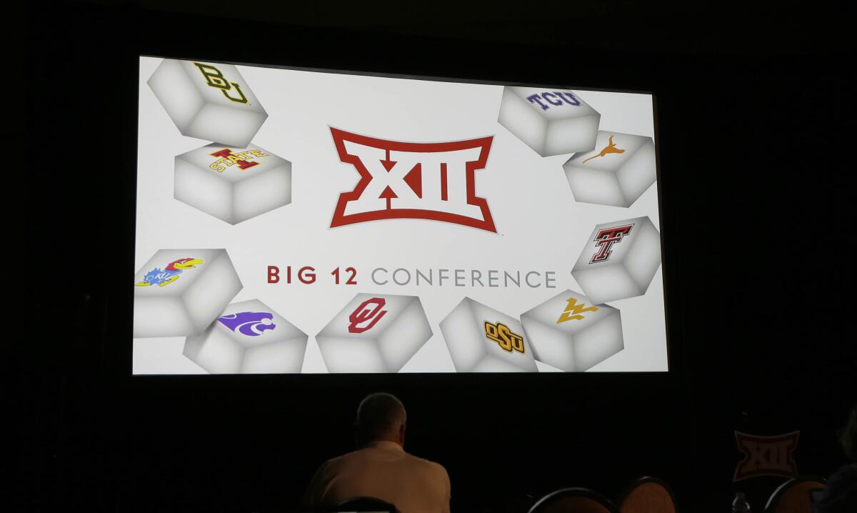 The Big 12 logo is shown during last year's Big 12 college football media days in Dallas.
