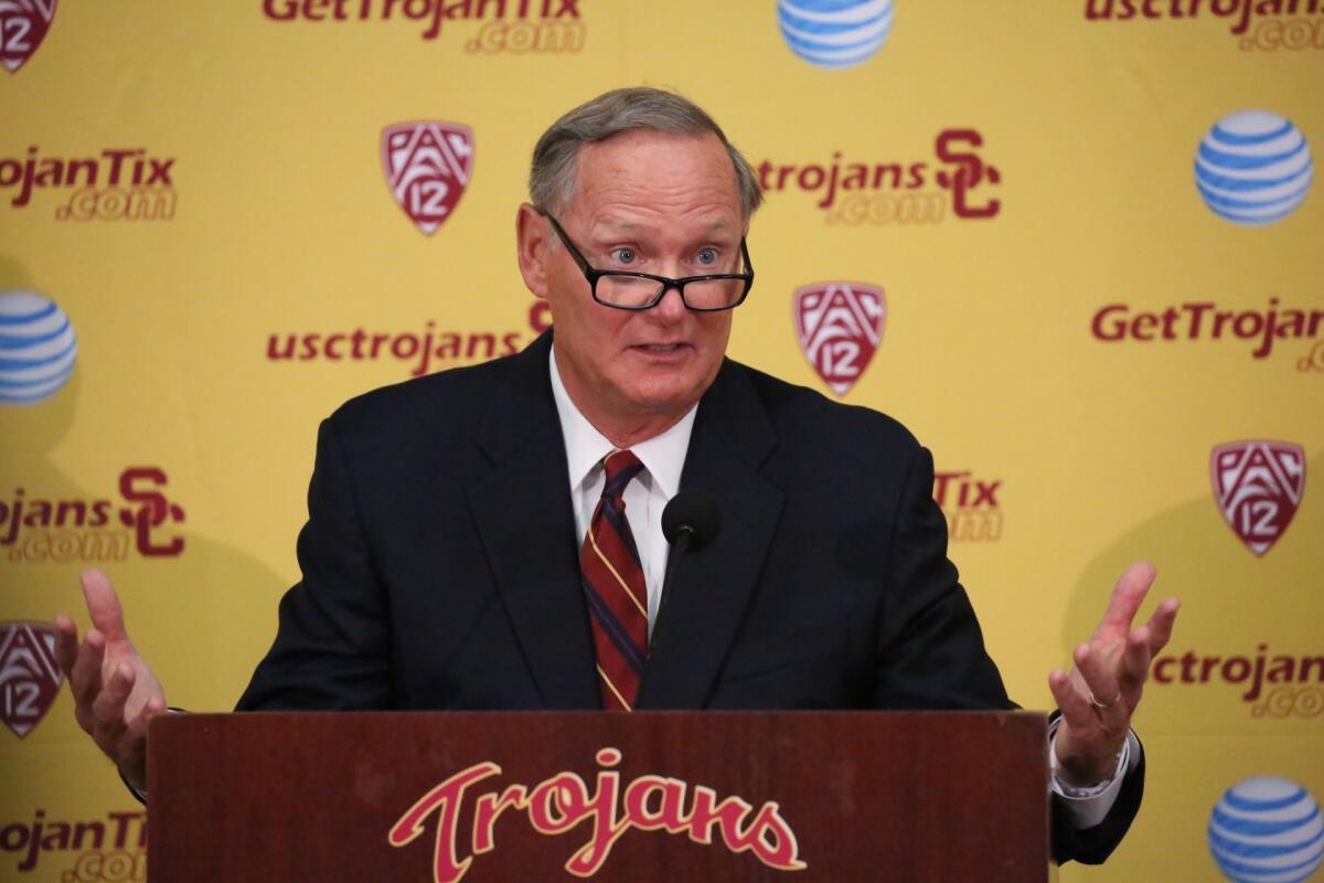 USC athletic director Pat Haden holds a press conference at USC Tuesday morning after new interim coach Clay Helton led the team during practice.