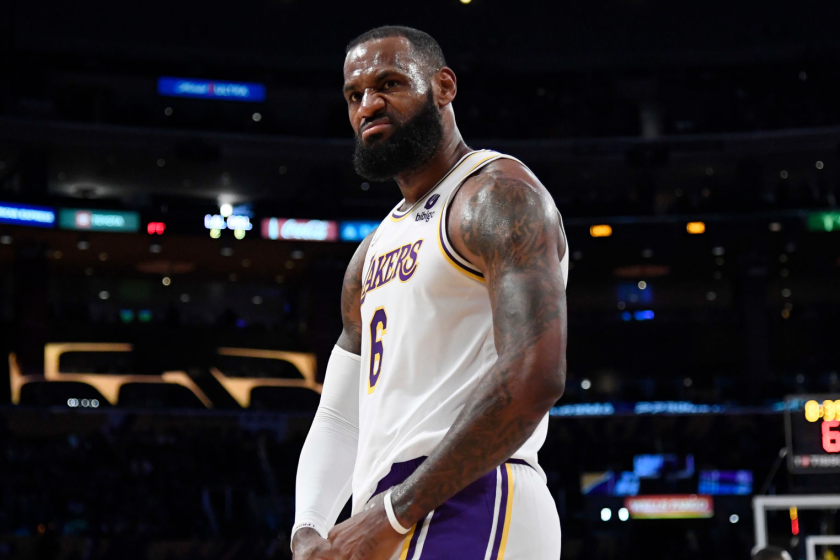 LOS ANGELES, CA - DECEMBER 12: LeBron James #6 of the Los Angeles Lakers reacts after scoring a basket.