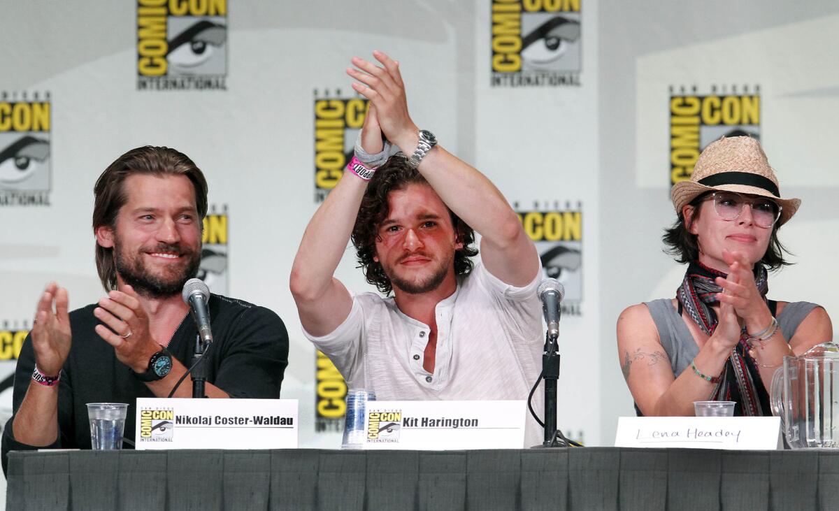 Nikolaj Coster–Waldau, left, Kit Harington and Lena Headey at the "Game of Thrones" panel at Comic-Con in San Diego on July 21, 2011.