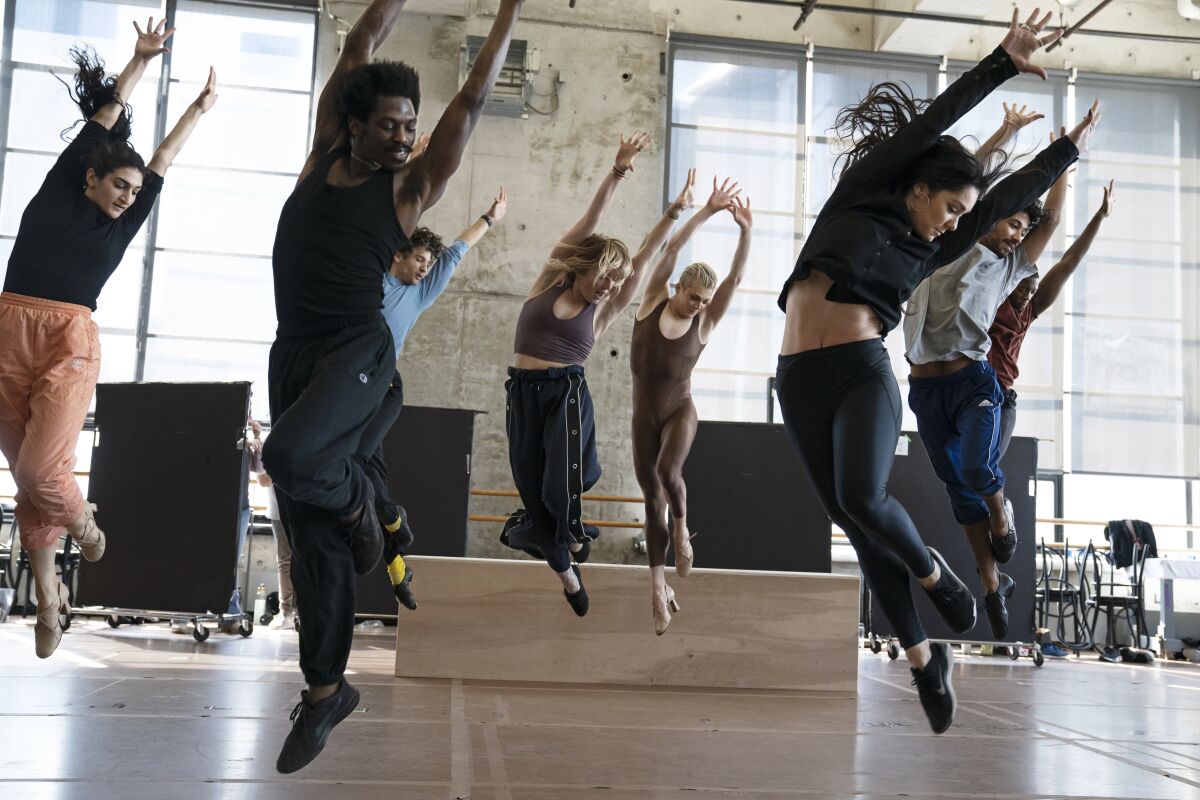 The cast of "Bob Fosse's Dancin'" rehearses a dance number recently at a New York studio.  