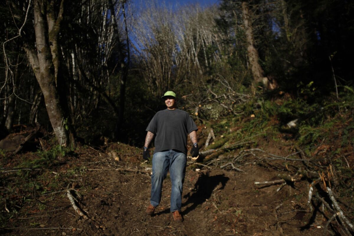 Taos Proctor walks down a hill in Klamath where he took a job cutting wood and moving heavy equipment. At Abinanti's insistence that he give back, he also hosts a weekly Narcotics Anonymous meeting. He has been off meth for 15 months. "Judge Abby knows me. She works with me," he says. "I've still got a lot of issues that I'm working on, but I don't have to hide them anymore."