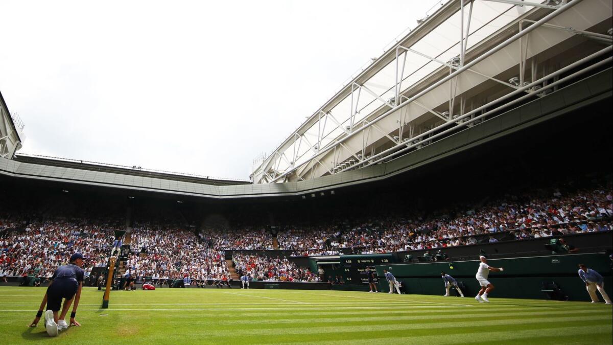 A view of Centre Court during the men's singles second round match between Roger Federer and Lukas Lacko in 2018.