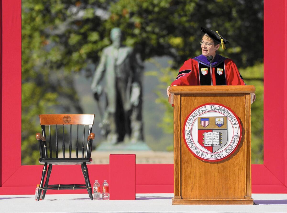 Elizabeth Garrett, the first woman president of Cornell University, delivers her inaugural address at the school in Ithaca, N.Y. She has died of colon cancer after less than a year on the job.