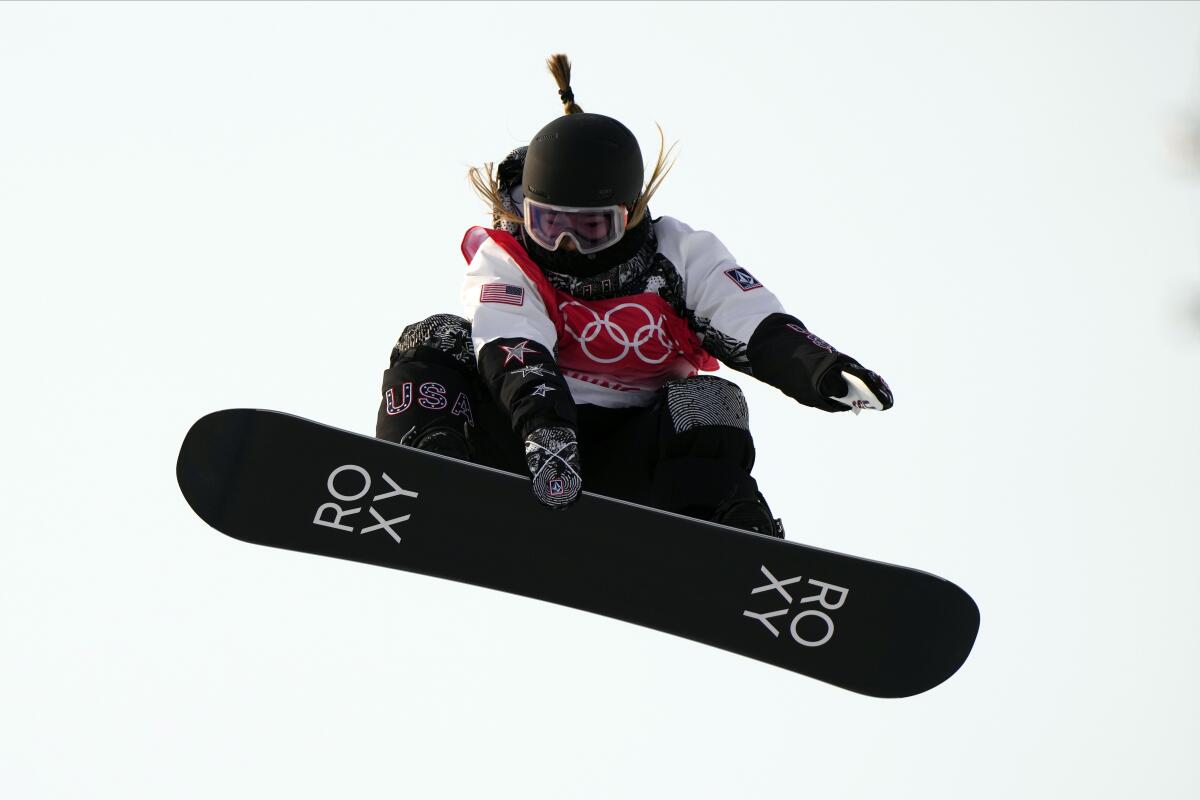 Chloe Kim snowboards at the 2022 Olympics