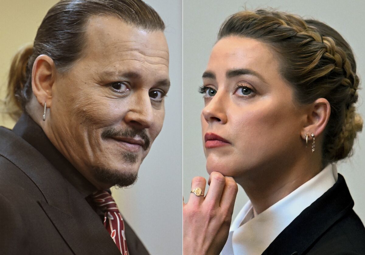 This combination of two separate photos shows divorced actors Johnny Depp, left, and Amber Heard in the courtroom at the Fairfax County Circuit Court in Fairfax, Va., Tuesday May 3, 2022. Depp sued Heard for libel in Fairfax County Circuit Court after she wrote an op-ed piece in The Washington Post in 2018 referring to herself as a "public figure representing domestic abuse." (Jim Watson/Pool photos via AP)