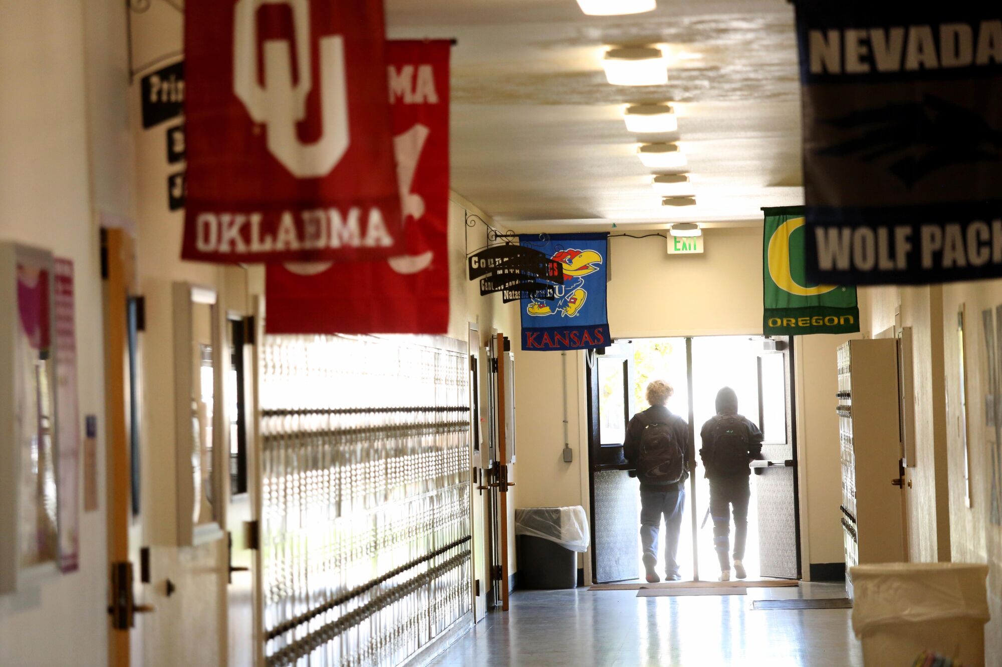 Students exit the main building at Modoc High School.